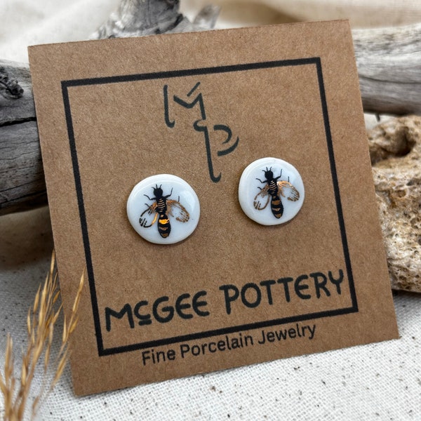 Minimalist Bee ear stud jewelry, Entomology Gift, Insect art, Mother's day present gold luster recycled porcelain bug garden unique 22