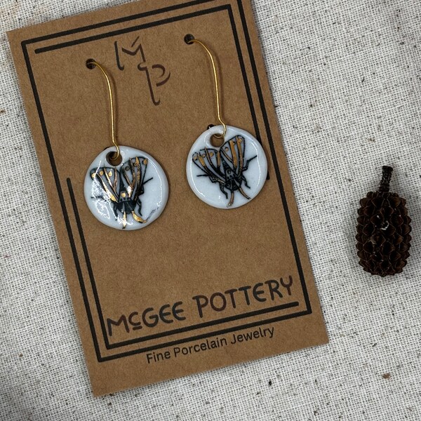 Moth dangle earring jewelry McGee Pottery Entomology Gift Insect art Girlfriend present gold luster porcelain vulture culture  bug unique 12