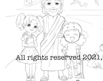 May include: Black and white line drawing of Jesus with children. The image includes the text "Jesus Loves You".