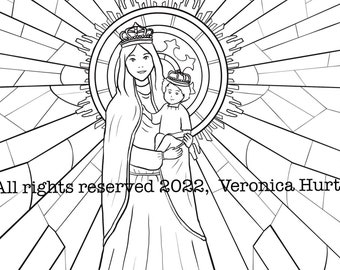 Our Lady of the Pillar - Nuestra Señora del Pilar - Blessed Virgin Mary Coloring Page Stained Glass Style For Kids 6+ and Adults