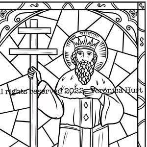 May include: Black and white line art illustration of a king holding a cross. The king is wearing a crown and a robe. The background is a stained glass window.