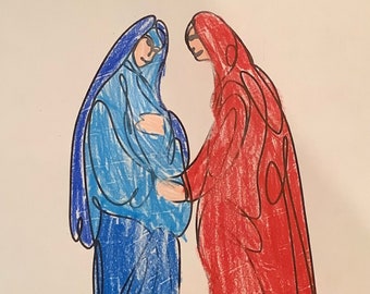 Minimalist Catholic Coloring Page - The Visitation - Mary and Elizabeth For Kids 6+ and Adults