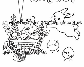 Easter Kawaii Coloring Page Featuring Easter Egg Basket, Chicks, and Bunny For Kids 5+ and Adults