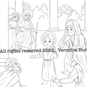 Può includere: Un'illustrazione in bianco e nero di un gruppo di persone. L'illustrazione rappresenta una scena della Bibbia, con Gesù al centro, circondato dai suoi discepoli. Il testo "All rights reserved 2022, Veronica Hurt" è in basso nell'immagine.