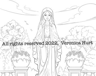 The Blessed Virgin Mary Flower Garden Coloring Page For Kids 6+ and Adults