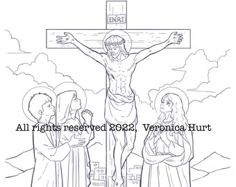 The Crucifixion Coloring Page - Sorrowful Mystery Catholic Coloring Page Kids 6+ and Adults