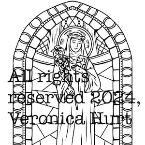 Puede incluir: Ilustración en blanco y negro de una mujer en una ventana de vitrales. Ella sostiene un libro y una flor. El texto "All rights reserved 2024, Veronica Hunt" está en la parte inferior de la imagen.