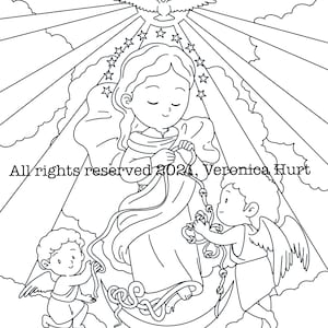 May include: A black and white line drawing of the Virgin Mary holding a rosary. Two angels are holding the ends of the rosary. The Virgin Mary is surrounded by stars and a dove is flying above her. The text "All rights reserved 2024, Veronica Hurt" is at the bottom of the image.