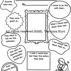 May include: Black and white line art memory page with fill-in-the-blank prompts. Includes spaces for favorite color, food, and nicknames. Features a frame, heart, and speech bubble designs. Text includes "Remembering..." and "I love you."