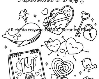 Valentine’s Day Kawaii Coloring Page For Kids 5+ and Adults