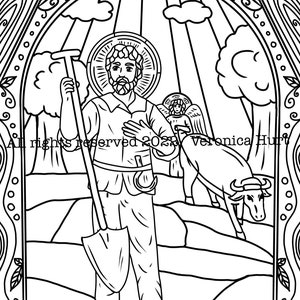 Puede incluir: Un dibujo en blanco y negro de un santo sosteniendo una pala. El santo está de pie en un campo con una vaca y un ángel detrás de él. La imagen está enmarcada con un borde decorativo.