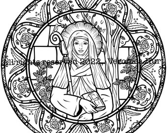 St. Brigid of Kildare Catholic Coloring Page Stained Glass For Kids 6+ and Adults