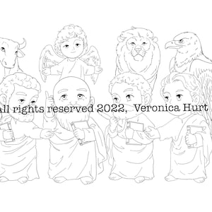 以下が含まれることがあります： 牛、ライオン、ワシ、天使、そして3人の人物を含む7人の人物の白黒線画。人物は本を持っていて、画像の下部に「All rights reserved 2022, Veronica Hurt」というテキストがあります。