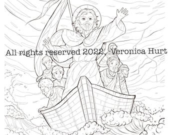 Jesus Calms The Storm Catholic Coloring Page Kids 6+ and Adults