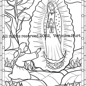 Página para colorear de San Juan Diego y Nuestra Señora de Guadalupe - Fiesta del Santo de diciembre - Estilo vitral para niños de 6 años en adelante y adultos