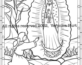 Saint Juan Diego and Our Lady of Guadalupe Coloring Page - December Saint Feast Day - Stained Glass Style For Kids 6+ and Adults
