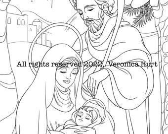 Holy Family Nativity Catholic Coloring Page For Kids 5+ and Adults