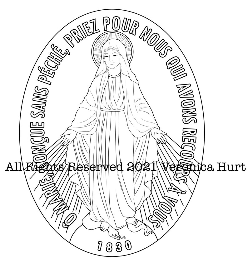 Catholic Miraculous Medal Mary Coloring Page - English, French, Spanish