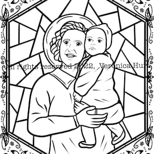 Może przedstawiać: Czarno-biała liniowa ilustracja kobiety trzymającej dziecko. Kobieta ma na sobie koszulę z długim rękawem, a dziecko ma na sobie koszulę z długim rękawem i spodnie. Obraz jest oprawiony w ozdobną ramkę.