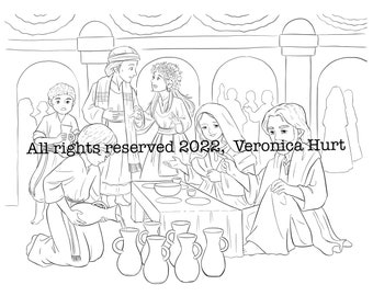 Wedding At Cana Coloring Page - Jesus Performs His First Miracle - Catholic Coloring Page Kids 5+ and Adults