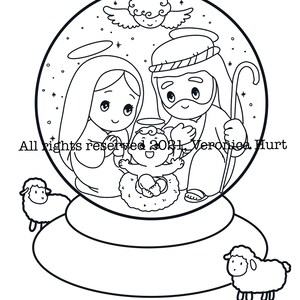 Pagina da colorare di Natale Value Pack per bambini 5+ Globo di neve della Sacra Famiglia, Adorabile albero di Natale kawaii e 2 biglietti di auguri a sorpresa