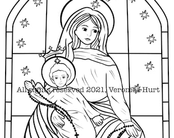 Our Lady of the Rosary Stained Glass Catholic Coloring Page For Adults and Kids 6+