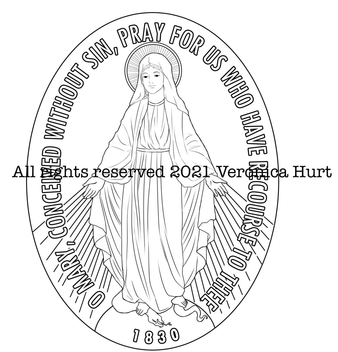 Catholic Miraculous Medal Mary Coloring Page - English, French, Spanish