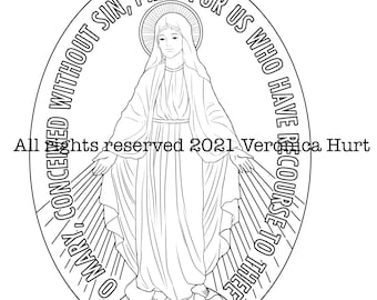 Catholic Miraculous Medal Mary Coloring Page - English, French, Spanish, and Portuguese versions