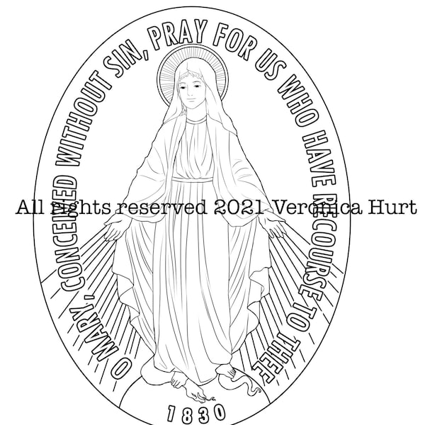 Catholic Miraculous Medal Mary Coloring Page - English, French, Spanish, and Portuguese versions