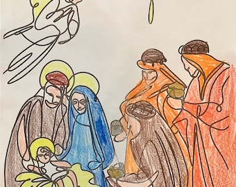 Catholic Minimalist Epiphany Holy Family Nativity Coloring Page For Kids 6+ And Adults