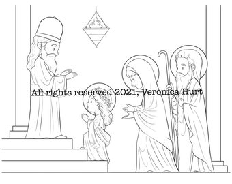 La Presentación de la Santísima Virgen María Página para colorear católica para niños de 5 años en adelante y adultos