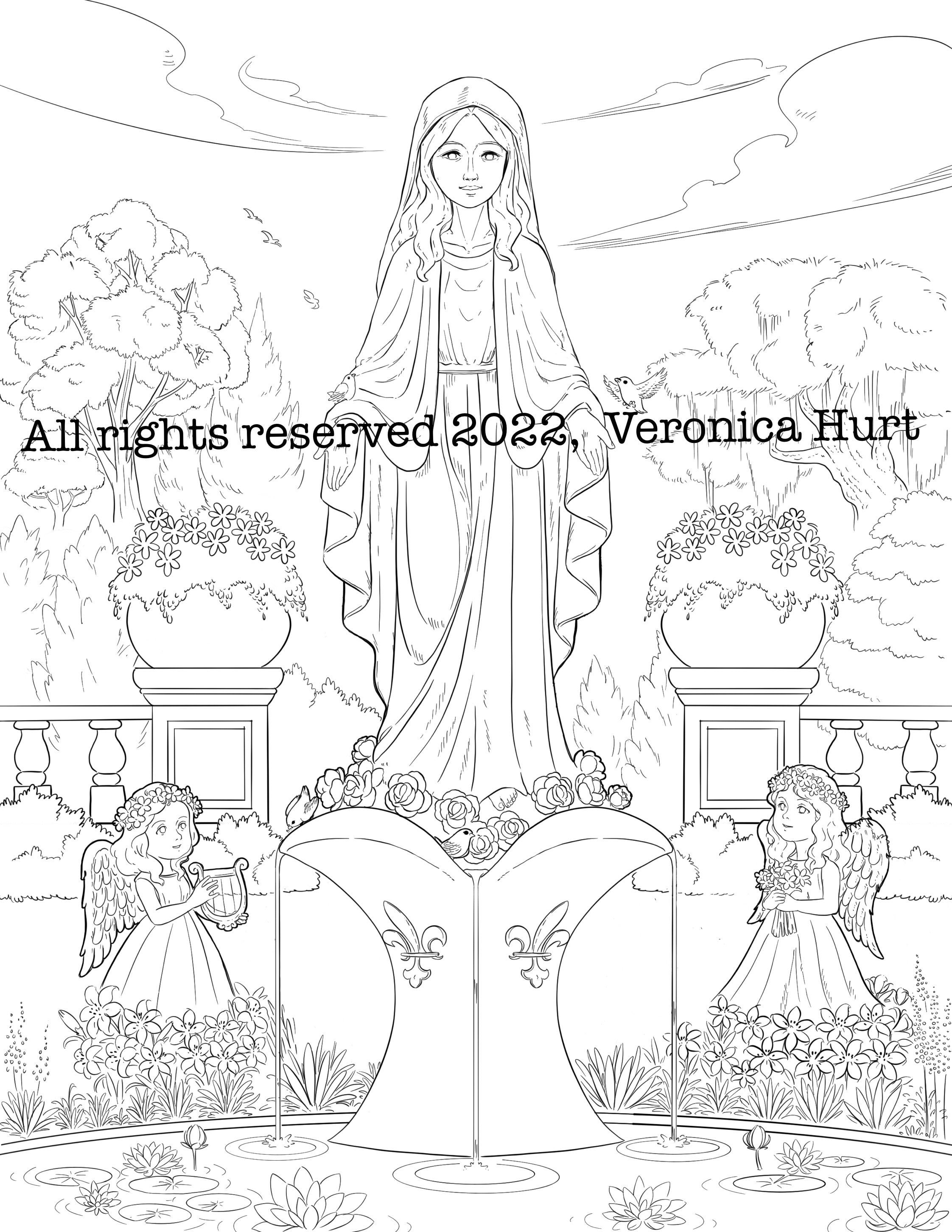 The Blessed Virgin Mary Flower Garden Coloring Page for Kids 6+ and