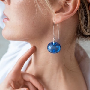 Blown glass earrings, hollow bead earrings, lightweight glass jewellery, blue bubble earrings, blue lampwork earrings
