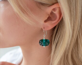 Polka dot earrings, green glass earrings