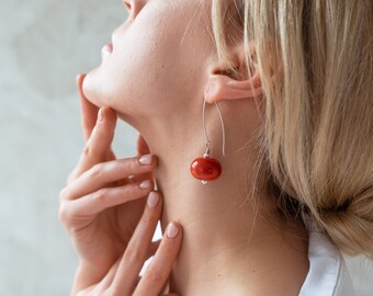 Red Murano Glass Earrings: Long Elegant Silver Earwires