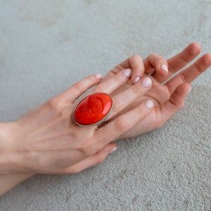 Red oval glass ring, lampwork geometric statement ring, big red glass ring image 1