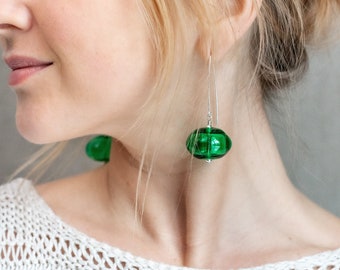 Green glass earrings, big green earrings, lampwork glass earrings