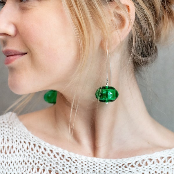 Green glass earrings, big green earrings, lampwork glass earrings
