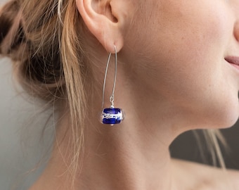 Blue Murano Glass Earrings, Handmade Silver Earwires