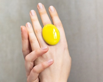 Large Yellow Murano Glass Statement Ring: Adjustable Handmade Band