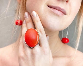Large Red Murano Glass Ring, Handmade Adjustable Band