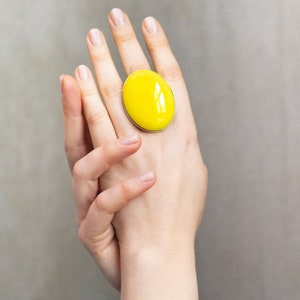 Large yellow ring, yellow statement ring, big statement ring, yellow glass ring, oval glass ring