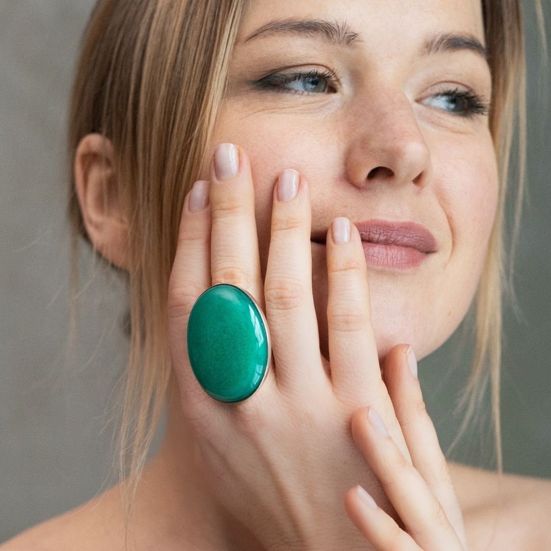 Pine Green Ring, Large Green Ring, Fused Glass Ring, Lampwork Statement