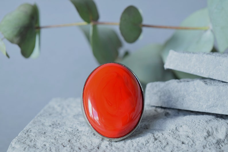 Red oval glass ring, lampwork geometric statement ring, big red glass ring image 5