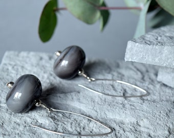 Long Gray Murano Glass Lampwork Earrings, Handmade