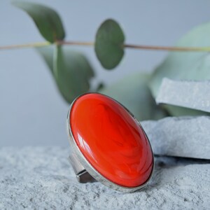 Red oval glass ring, lampwork geometric statement ring, big red glass ring image 3