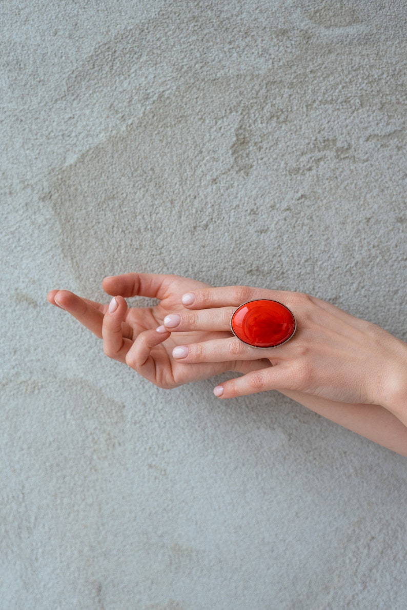 Red oval glass ring, lampwork geometric statement ring, big red glass ring image 2