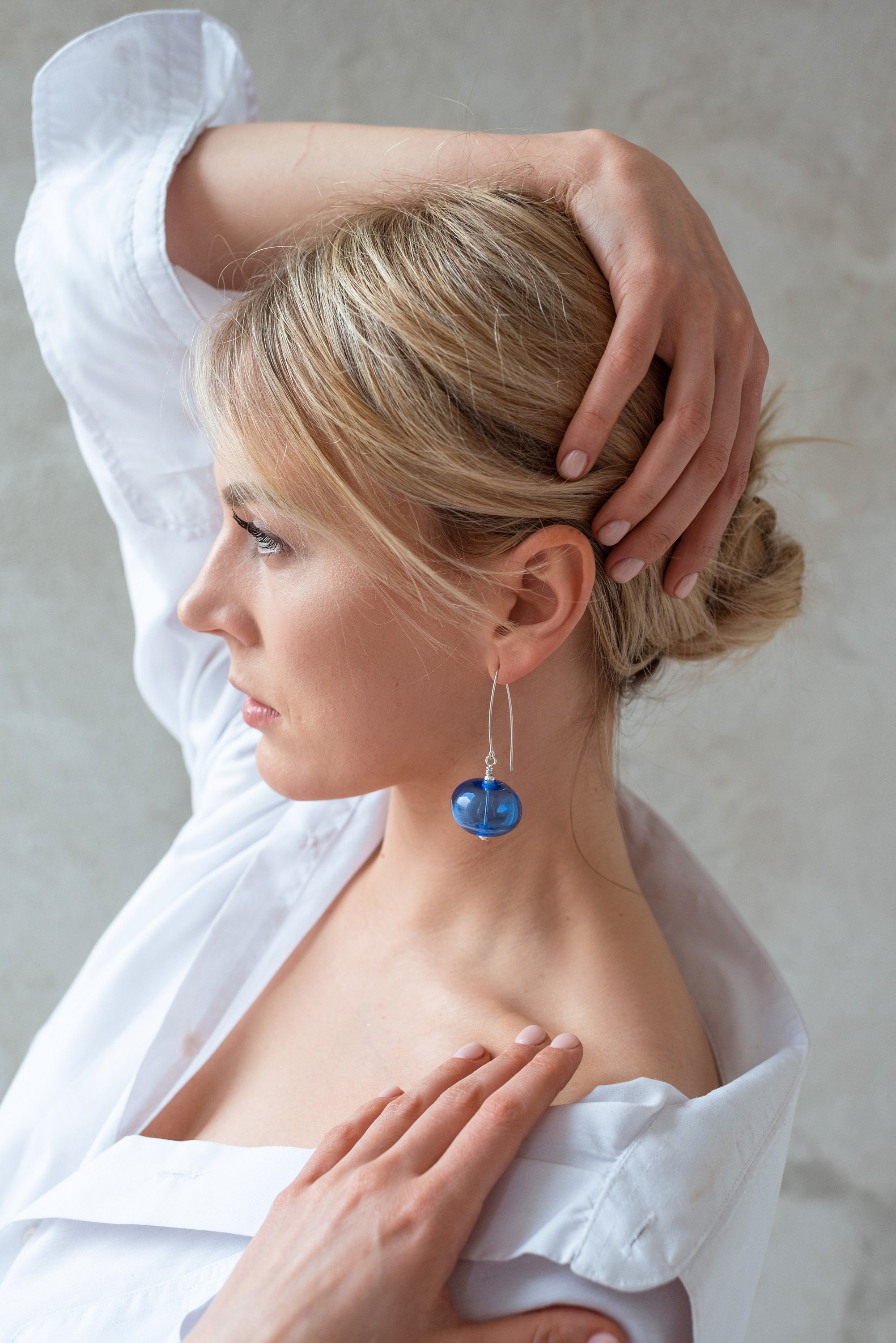 Boucles D'Oreilles Artisanales Perles En Verre Soufflé Murano Bleu - Plaqué Or - Dormeuses