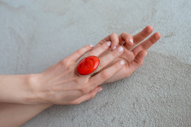 Red oval glass ring, lampwork geometric statement ring, big red glass ring image 1