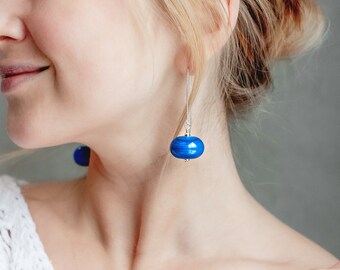 Long Lampwork Murano Glass Earrings, Blue Bead Dangle Earrings